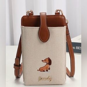 NEW Stylish Brown Embroidered Dachshund Crossbody Bag